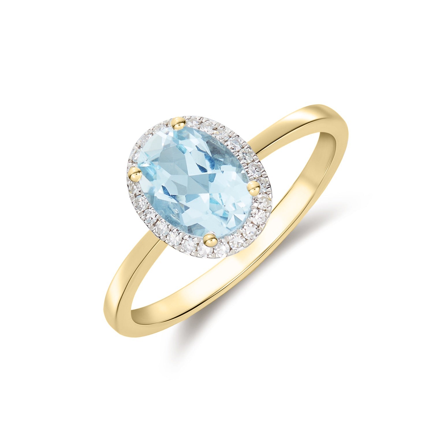 9ct Yellow Gold Oval Natural Aquamarine and Diamond Claw Set Cluster Ring — 8x6mm
