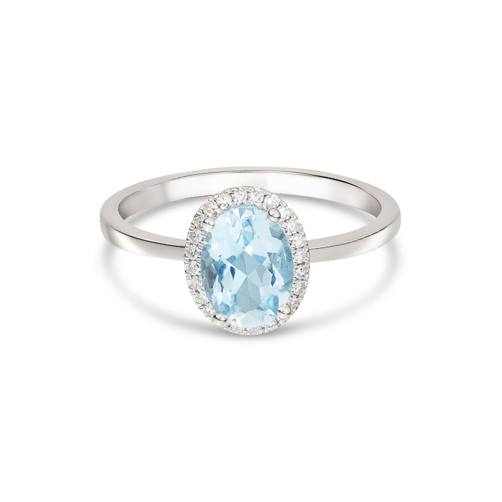 9ct White Gold Oval Natural Aquamarine and Diamond Claw Set Cluster Ring — 8x6mm