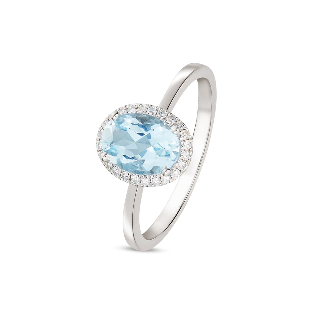 9ct White Gold Oval Natural Aquamarine and Diamond Claw Set Cluster Ring — 8x6mm