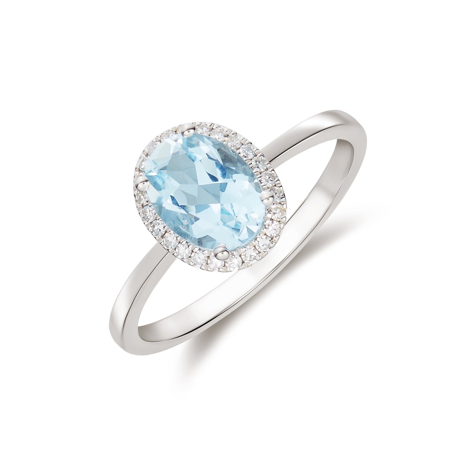 9ct White Gold Oval Aquamarine & Diamond Claw Set Cluster Ring — 8x6mm
