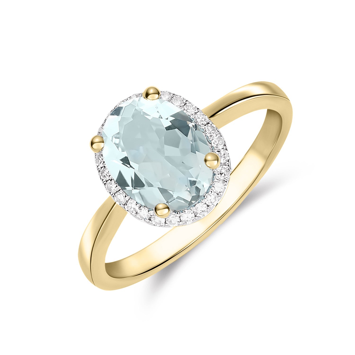 9ct Yellow Gold Oval Natural Aquamarine and Diamond Cluster Ring — 9x7mm