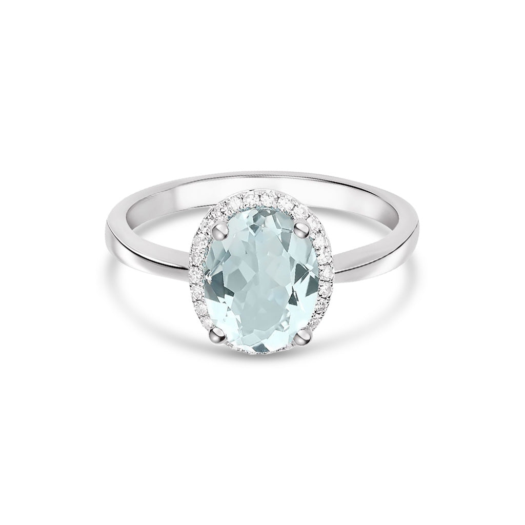 9ct White Gold Oval Natural Aquamarine and Diamond Claw Set Cluster Ring — 9x7mm