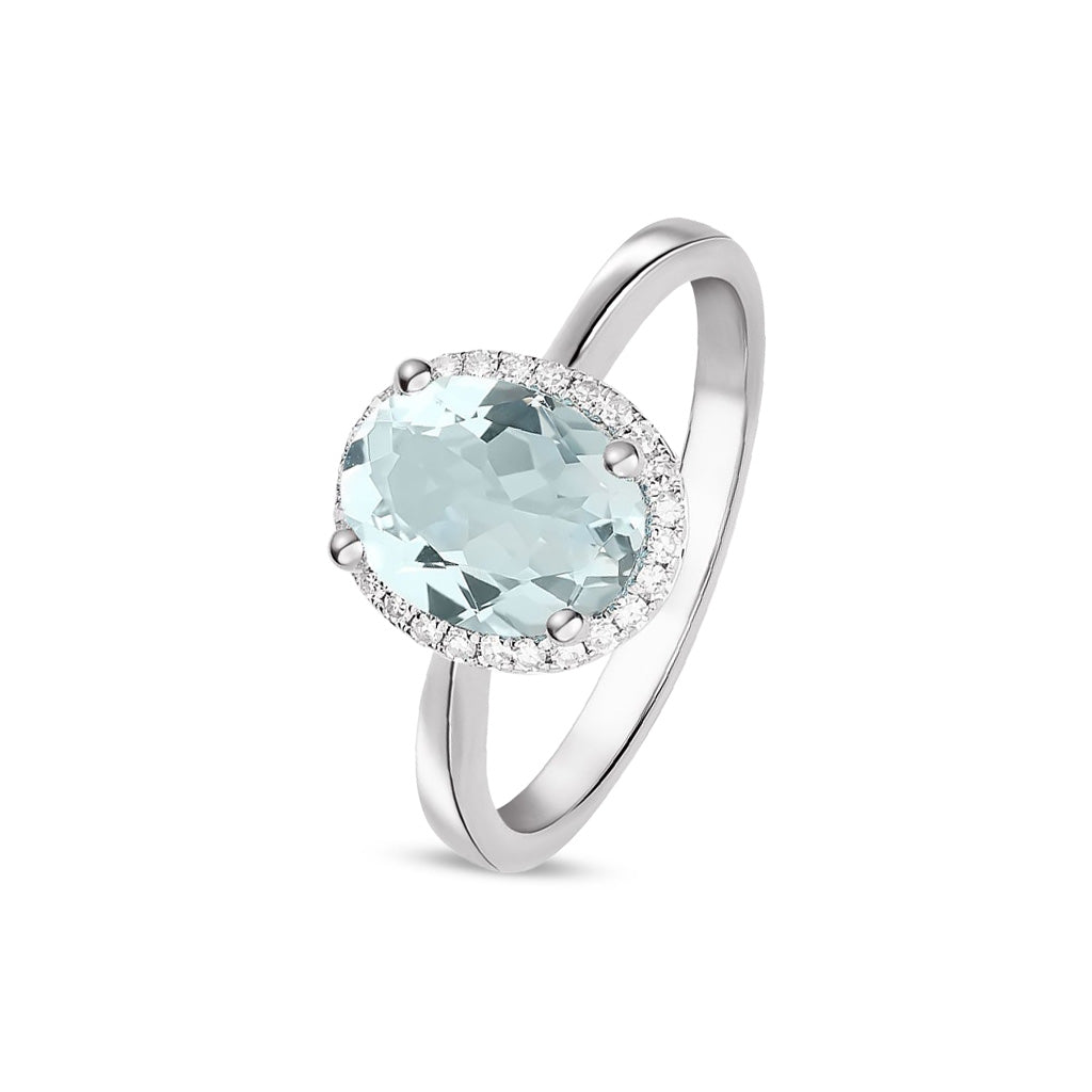 9ct White Gold Oval Natural Aquamarine and Diamond Claw Set Cluster Ring — 9x7mm
