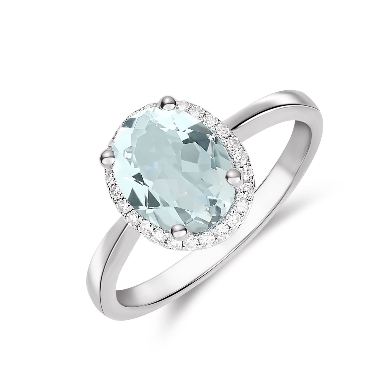 9ct White Gold Oval Natural Aquamarine and Diamond Claw Set Cluster Ring — 9x7mm