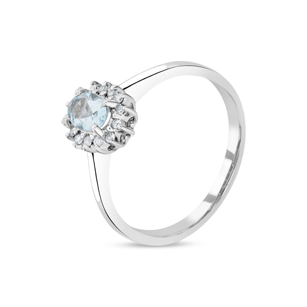 9ct White Gold Oval Natural Aquamarine and Diamond Claw Set Cluster Ring — 6x4mm