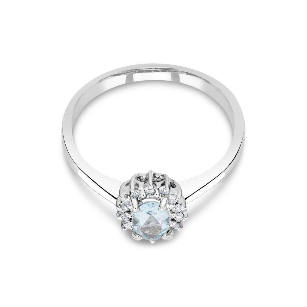 9ct White Gold Oval Natural Aquamarine and Diamond Claw Set Cluster Ring — 6x4mm