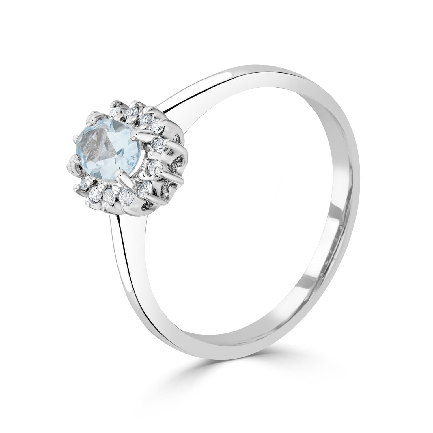 9ct White Gold Oval Aquamarine & Diamond Claw Set Cluster Ring — 6x4mm