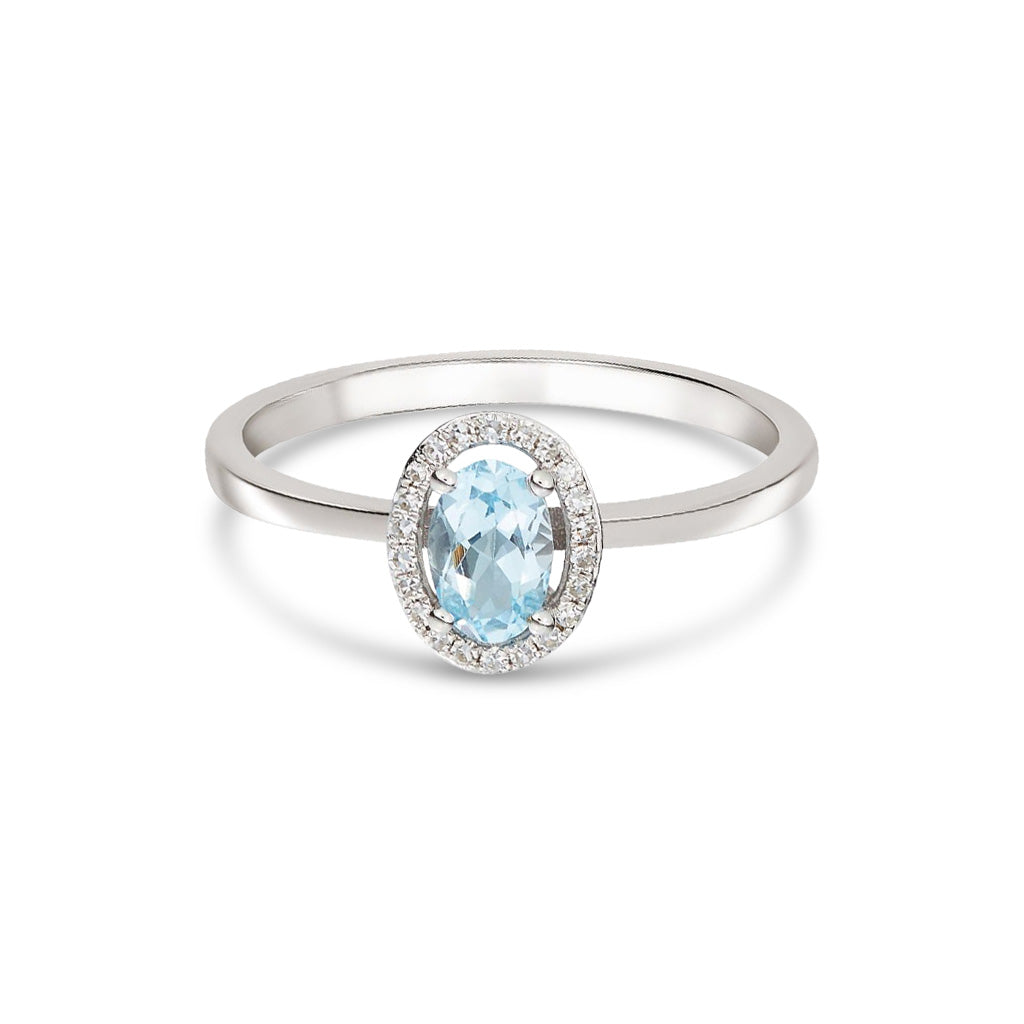 9ct White Gold Oval Natural Aquamarine and Round Diamond Halo Cluster Ring — 6x4mm