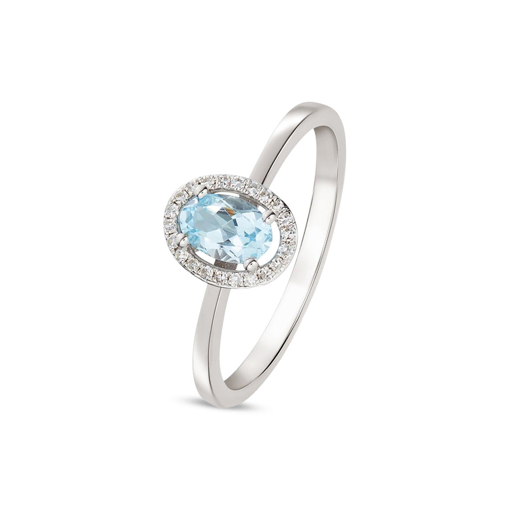 9ct White Gold Oval Natural Aquamarine and Round Diamond Halo Cluster Ring — 6x4mm