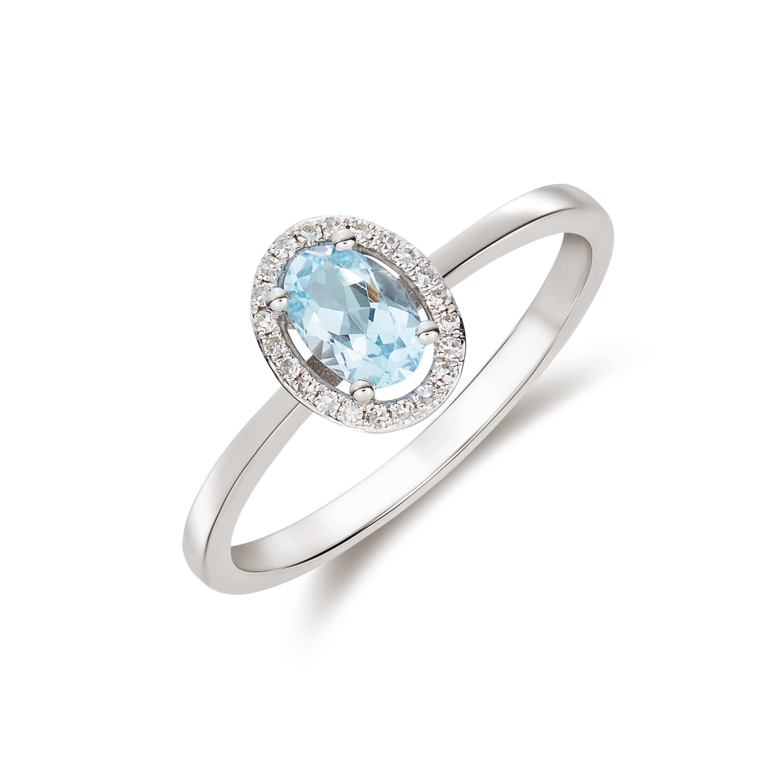 9ct White Gold Oval Aquamarine & Round Diamond Halo Cluster Ring — 6x4mm
