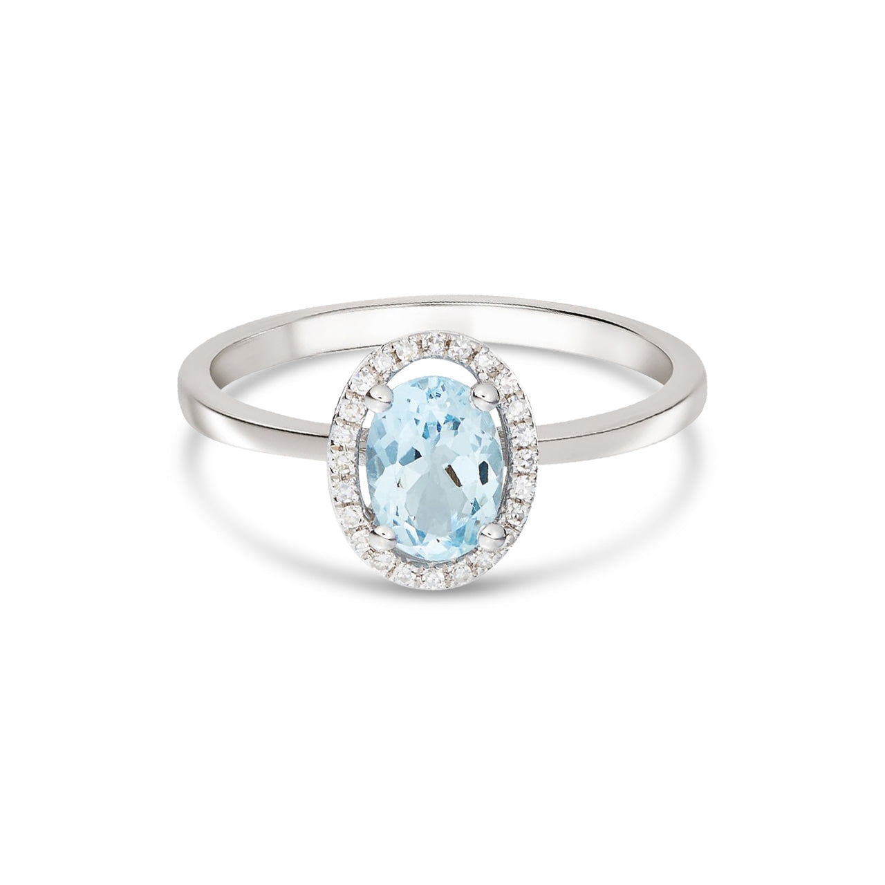 9ct White Gold Oval Natural Aquamarine and Diamond Halo Cluster Ring — 7x5mm