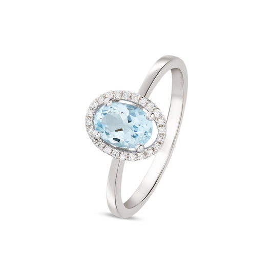 9ct White Gold Oval Natural Aquamarine and Diamond Halo Cluster Ring — 7x5mm