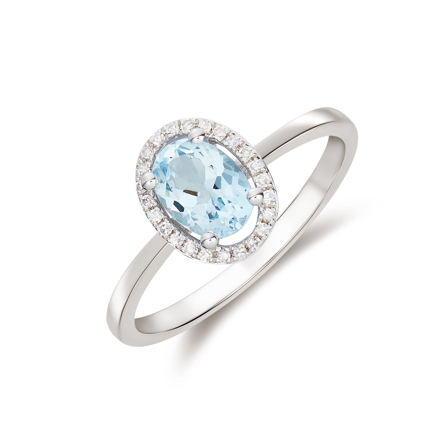 9ct White Gold Oval Natural Aquamarine and Diamond Halo Cluster Ring — 7x5mm