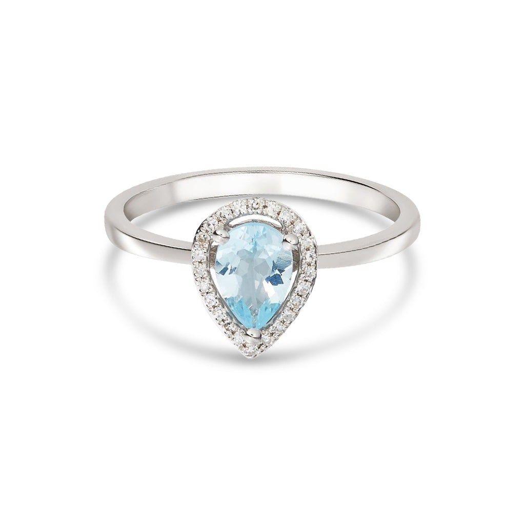 9ct White Gold Pear Shaped Natural Aquamarine and Round Diamond Halo Claw Set Cluster Ring — 7x5mm