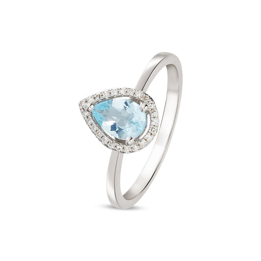 9ct White Gold Pear Shaped Natural Aquamarine and Round Diamond Halo Claw Set Cluster Ring — 7x5mm