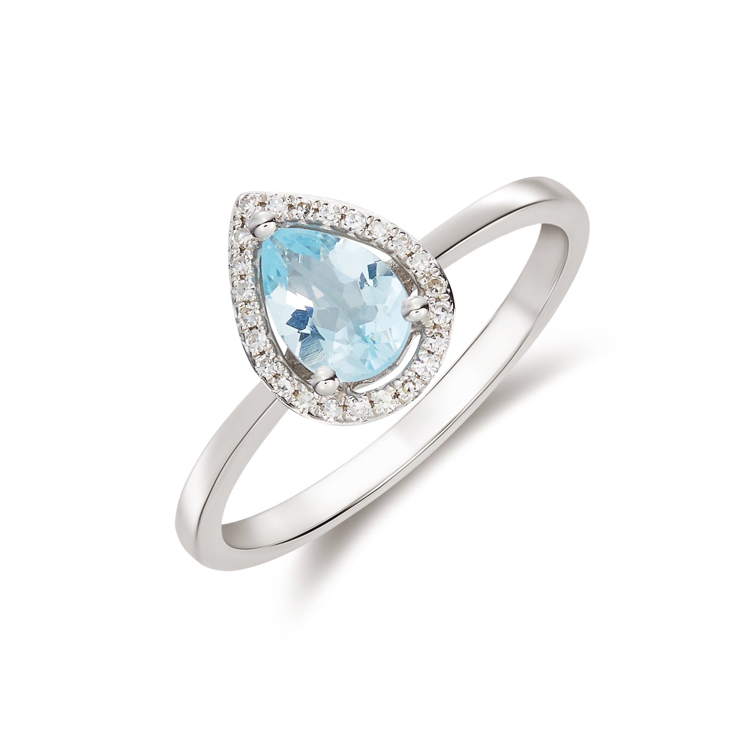9ct White Gold Pear Shape Aquamarine & Round Diamond Halo Claw Set Cluster Ring — 7x5mm