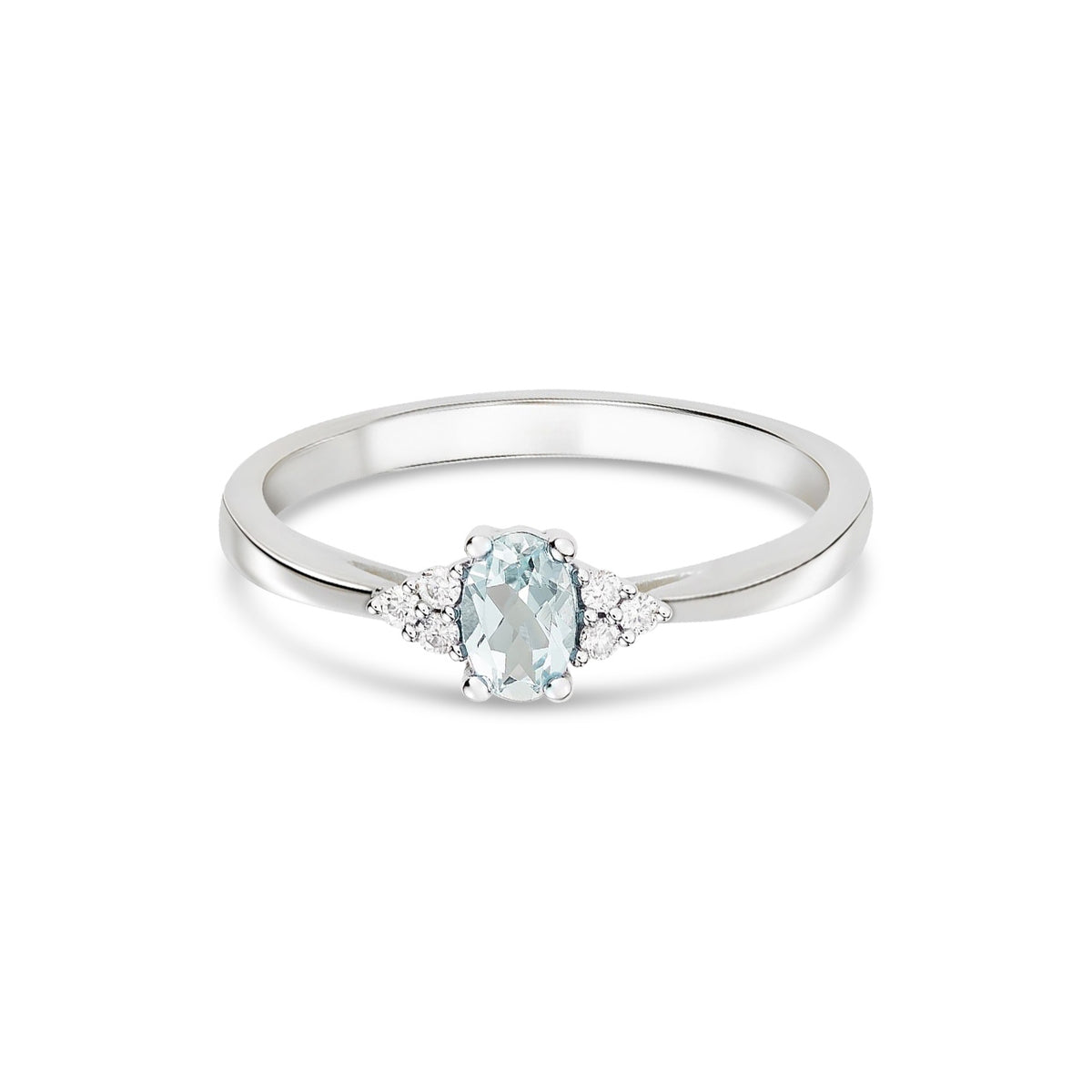 9ct White Gold Oval Natural Aquamarine and Diamond Trefoil Ring — 6x4mm