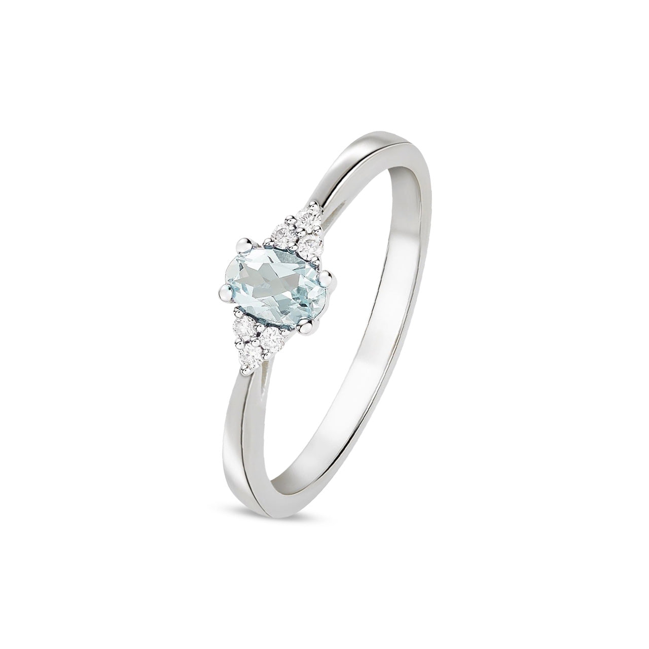 9ct White Gold Oval Natural Aquamarine and Diamond Trefoil Ring — 6x4mm