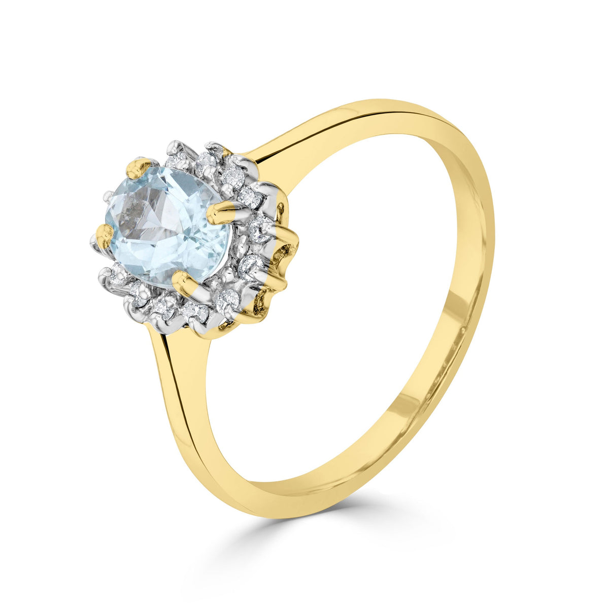 9ct Yellow Gold Oval Natural Aquamarine and Diamond Claw Set Cluster Ring — 7x5mm