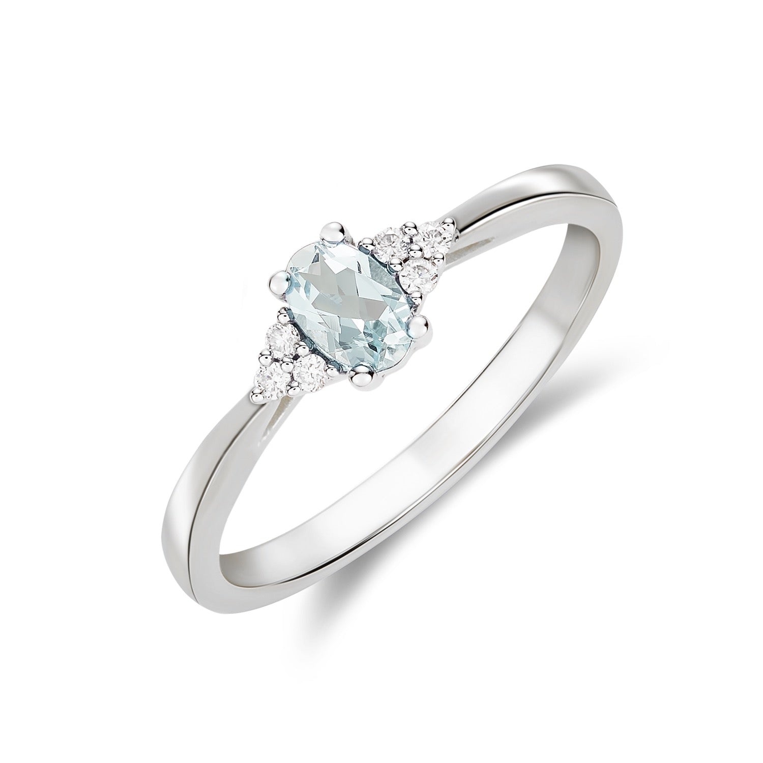 9CT White Gold Oval Aquamarine and Diamond Trefoil Ring — 6x4mm