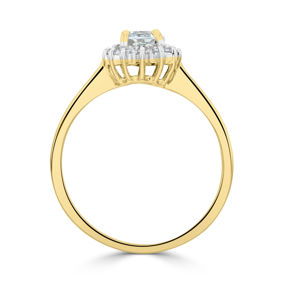 9ct Yellow Gold Oval Natural Aquamarine and Diamond Claw Set Cluster Ring — 7x5mm