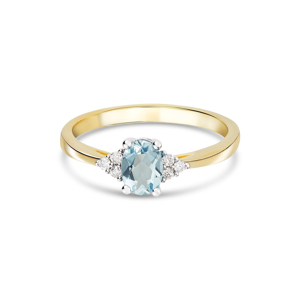 9ct Yellow Gold Oval Natural Aquamarine and Diamond Trefoil Ring — 7x5mm