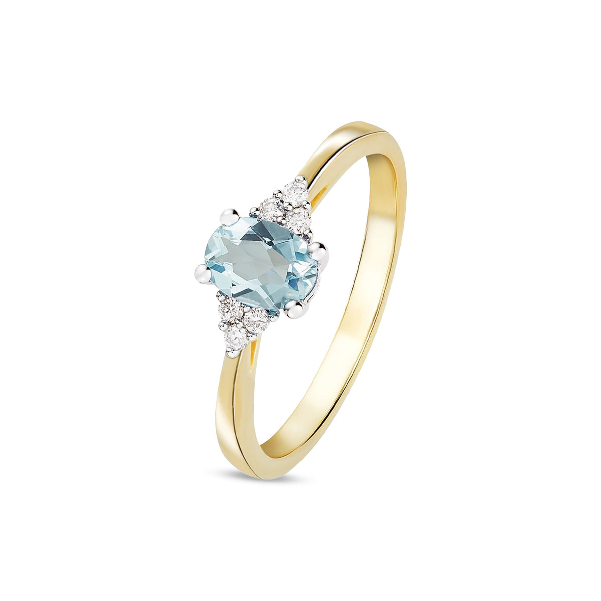9ct Yellow Gold Oval Natural Aquamarine and Diamond Trefoil Ring — 7x5mm