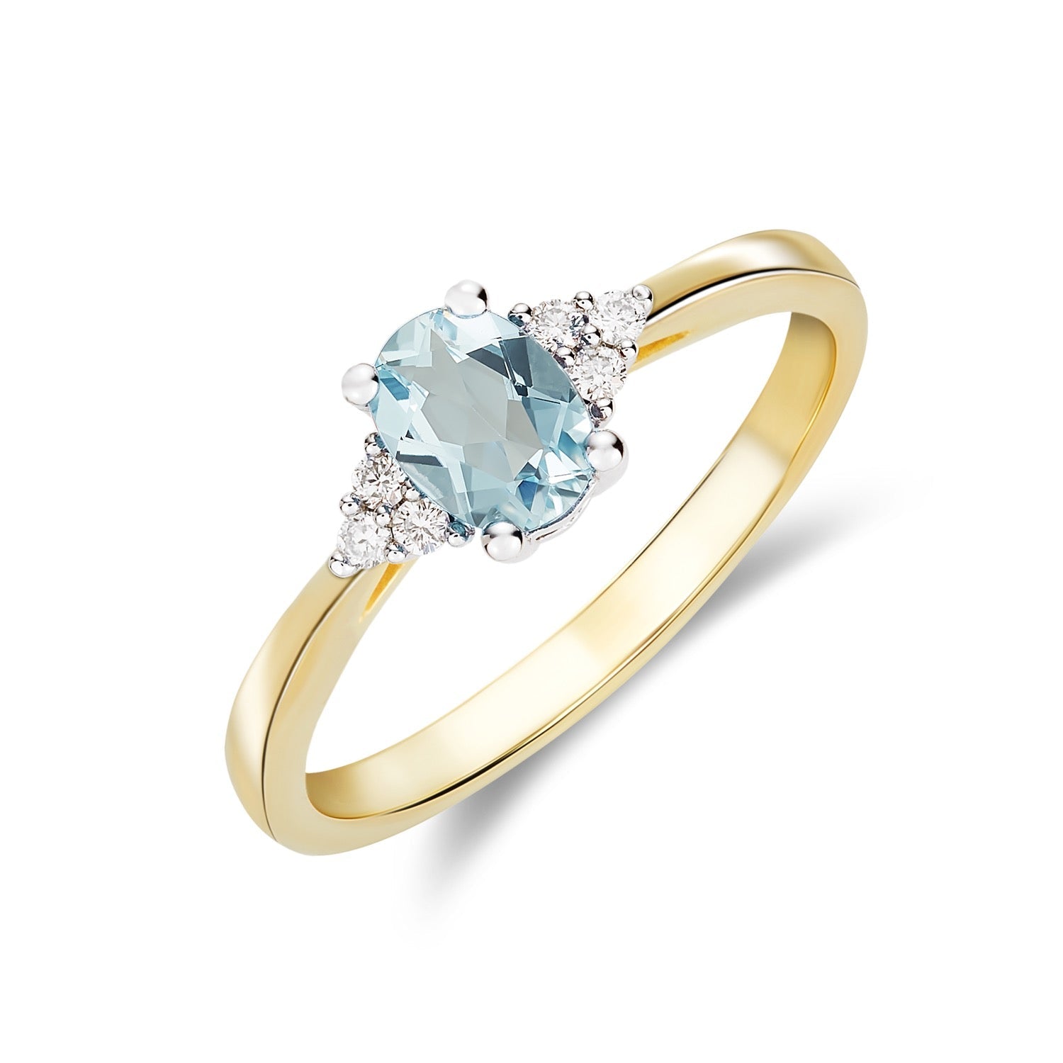 9CT Yellow Gold Oval Aquamarine and Diamond Trefoil Ring — 7x5mm