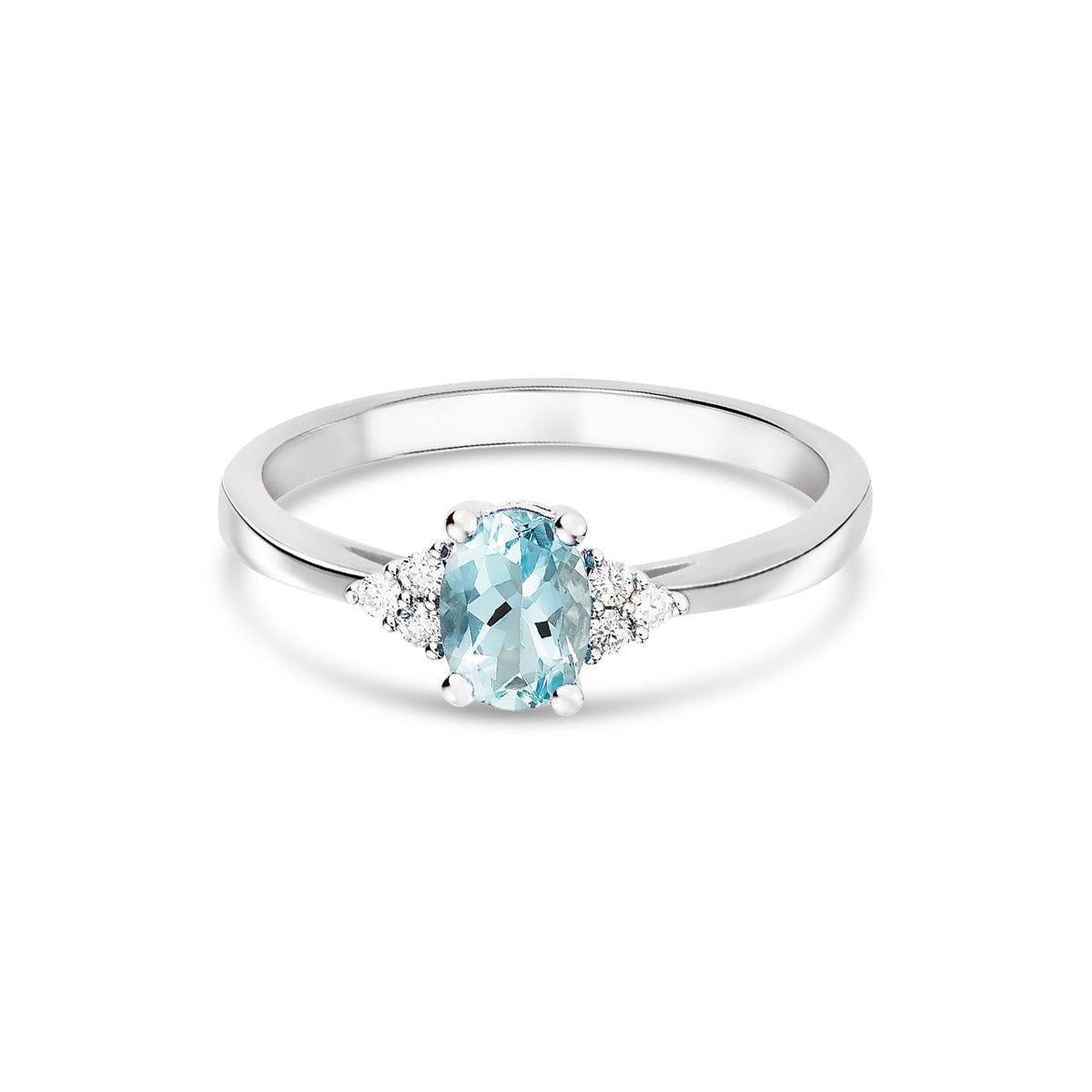 9ct White Gold Oval Natural Aquamarine and Diamond Trefoil Ring — 7x5mm