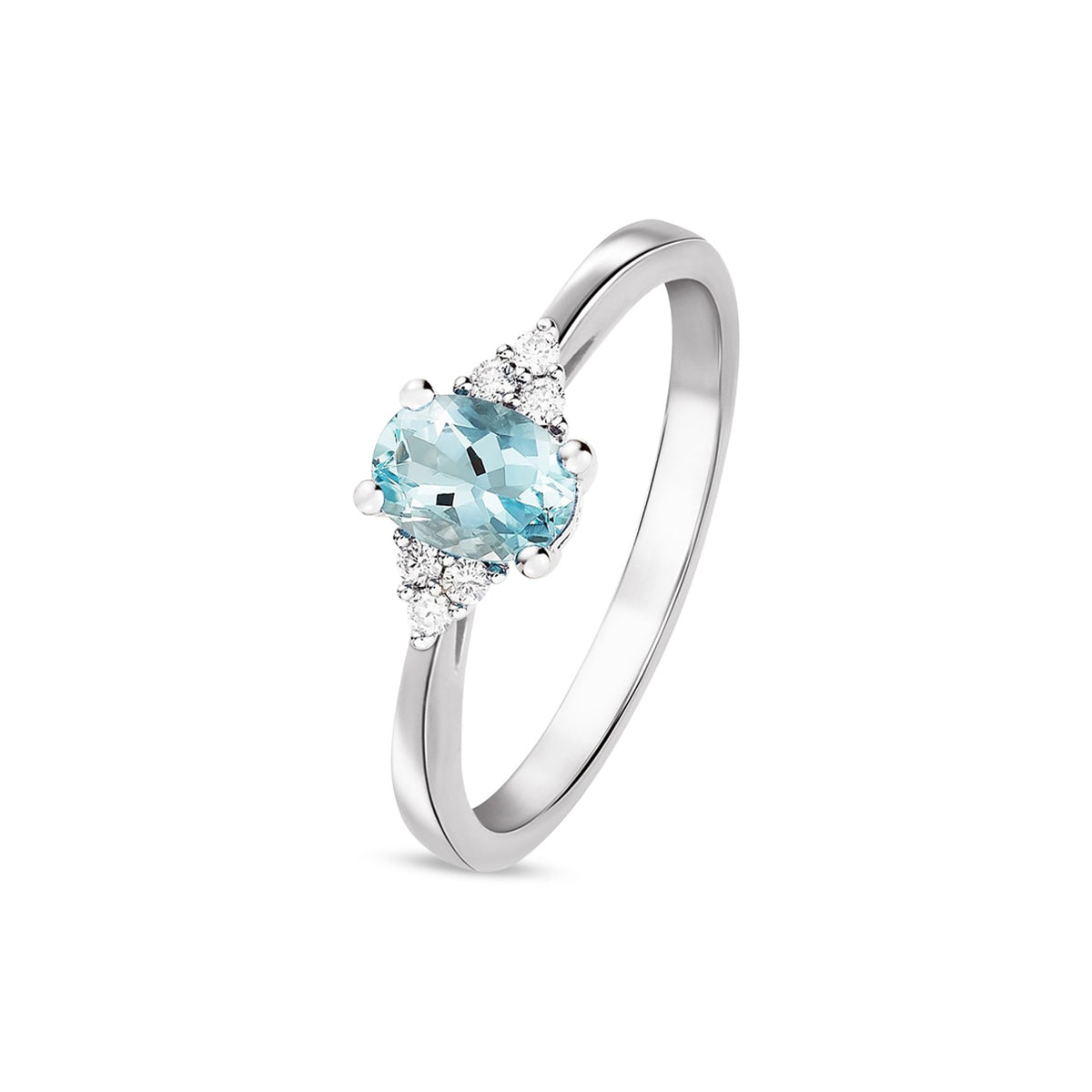 9ct White Gold Oval Natural Aquamarine and Diamond Trefoil Ring — 7x5mm