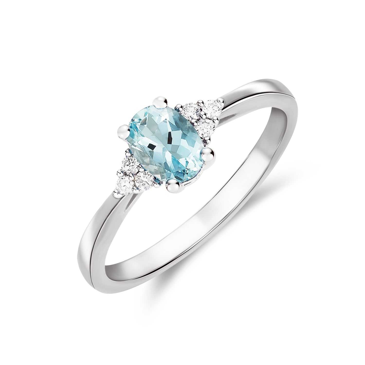 9CT White Gold Oval Aquamarine and Diamond Trefoil Ring — 7x5mm