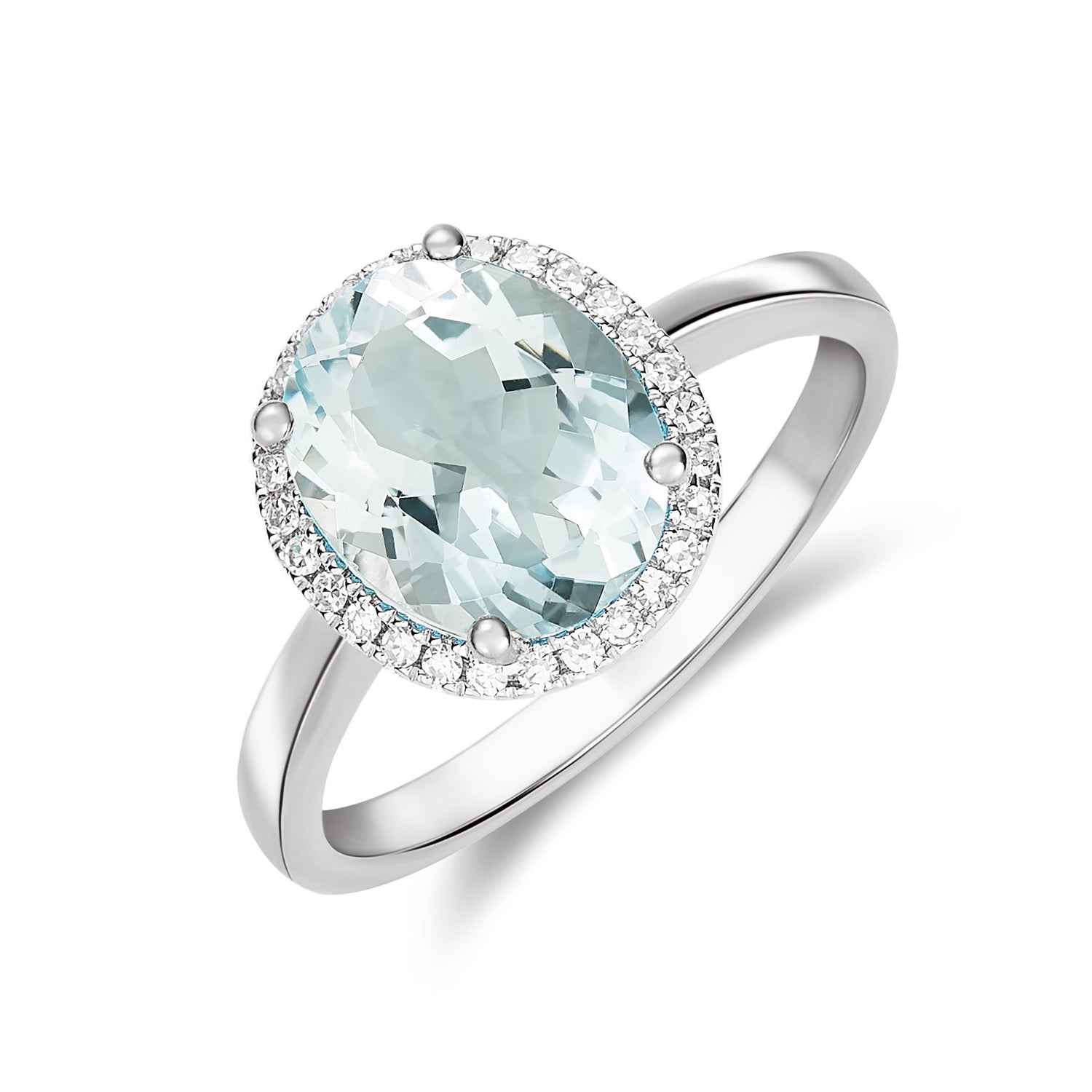 9ct White Gold Oval Natural Aquamarine and Diamond Cluster Ring — 10x8mm