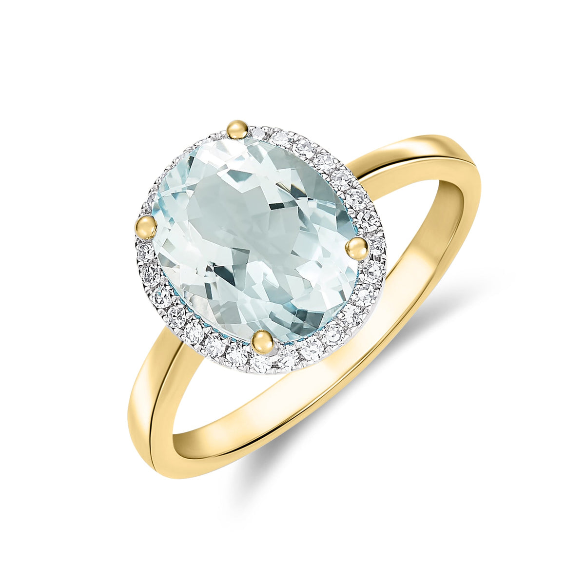 9ct Yellow Gold Oval Natural Aquamarine and Diamond Cluster Ring — 10x8mm