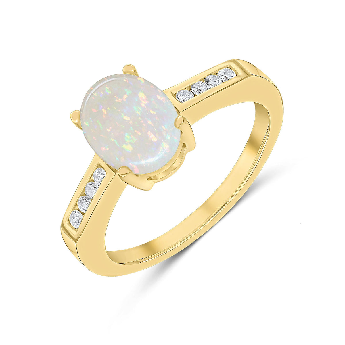 9ct Yellow Gold Oval Natural Opal and Channel Set Diamond Ring — 9x7mm