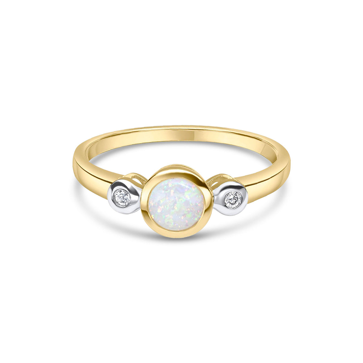 9ct Yellow and White Gold Round Natural Opal and Diamond Rubover Three Stone Ring