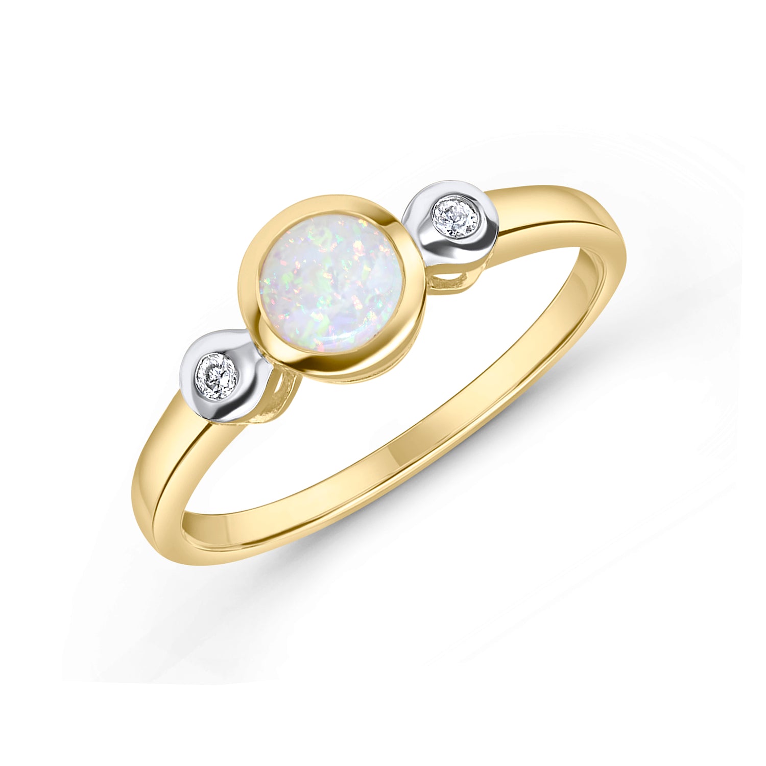 9ct Yellow Gold Round Natural Opal and Diamond Rubover Three Stone Ring — 5mm