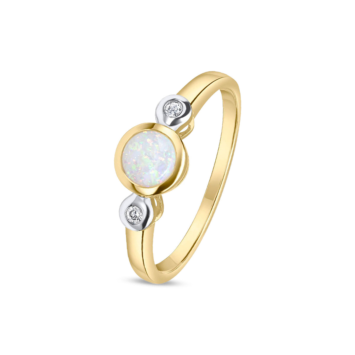 9ct Yellow and White Gold Round Natural Opal and Diamond Rubover Three Stone Ring