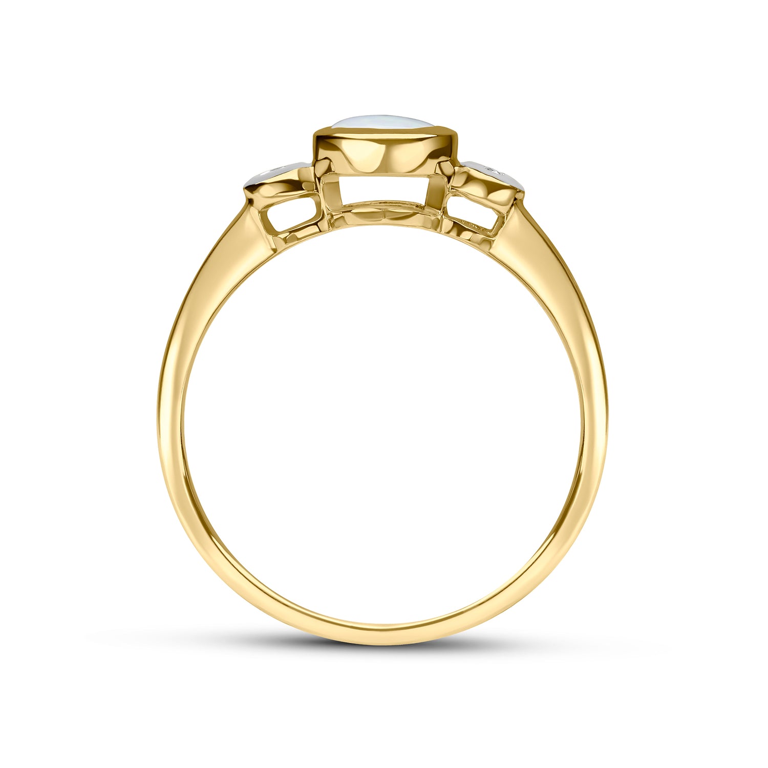 9ct Yellow Gold Round Natural Opal and Diamond Rubover Three Stone Ring — 5mm