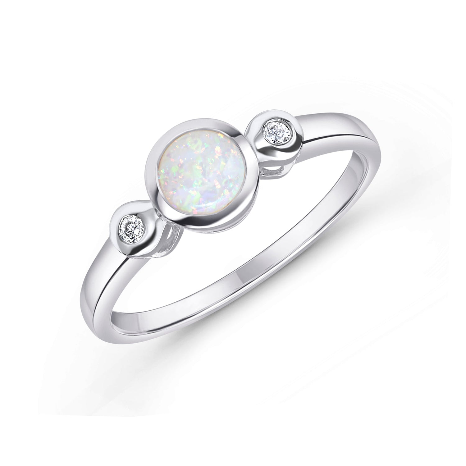 9ct White Gold Round Natural Opal and Diamond Rubover Three Stone Ring — 5mm