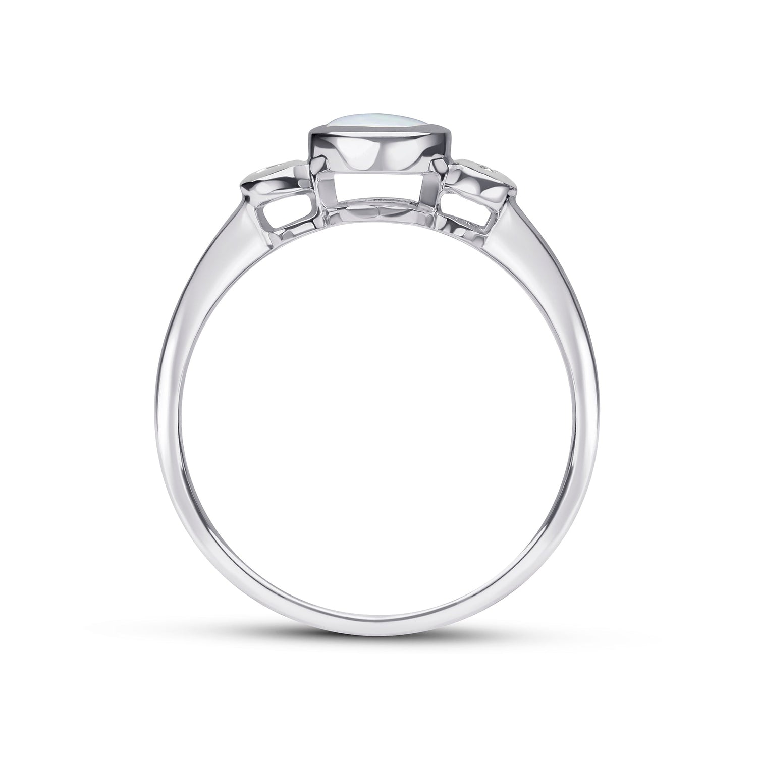 9ct White Gold Round Natural Opal and Diamond Rubover Three Stone Ring — 5mm
