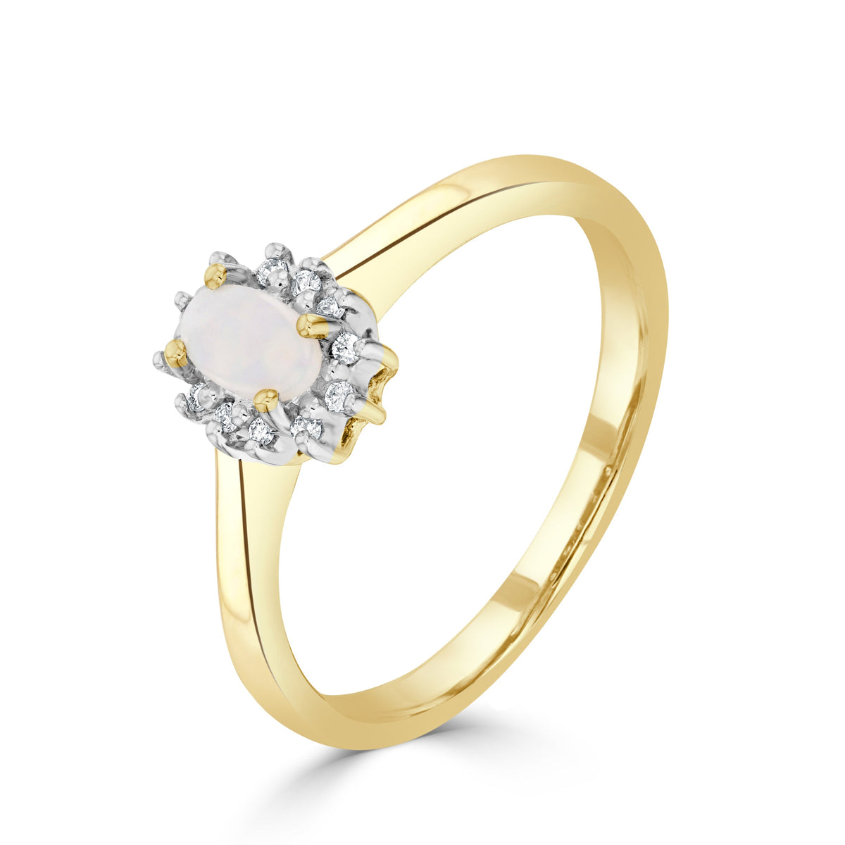 9ct Yellow Gold Oval Natural Opal and Diamond Claw Set Cluster Ring — 5x3mm