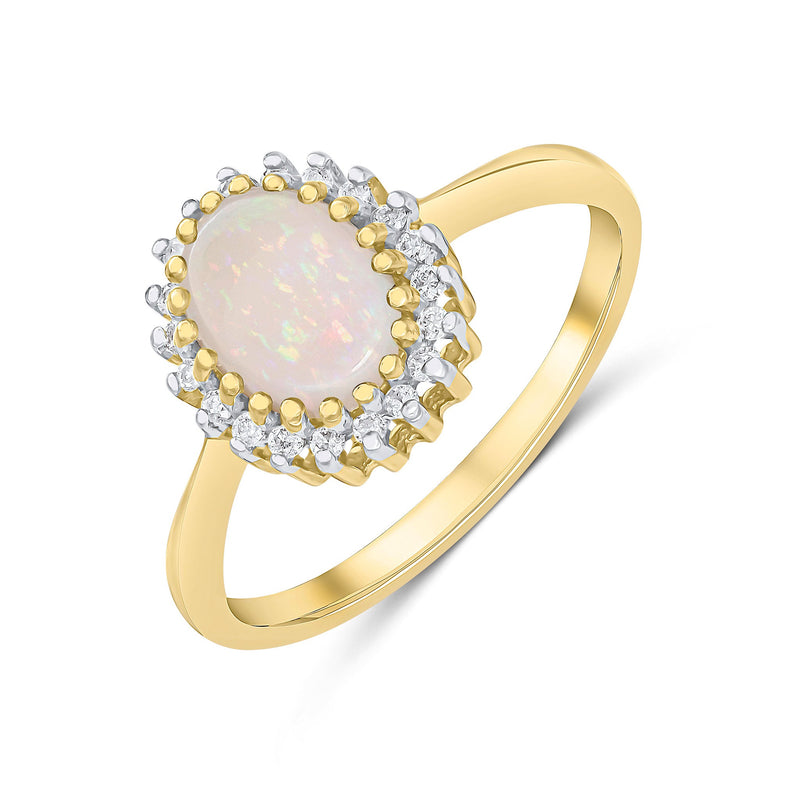 9ct Yellow Gold Oval Natural Opal & Natural Diamond Cluster Ring — 8×6mm
