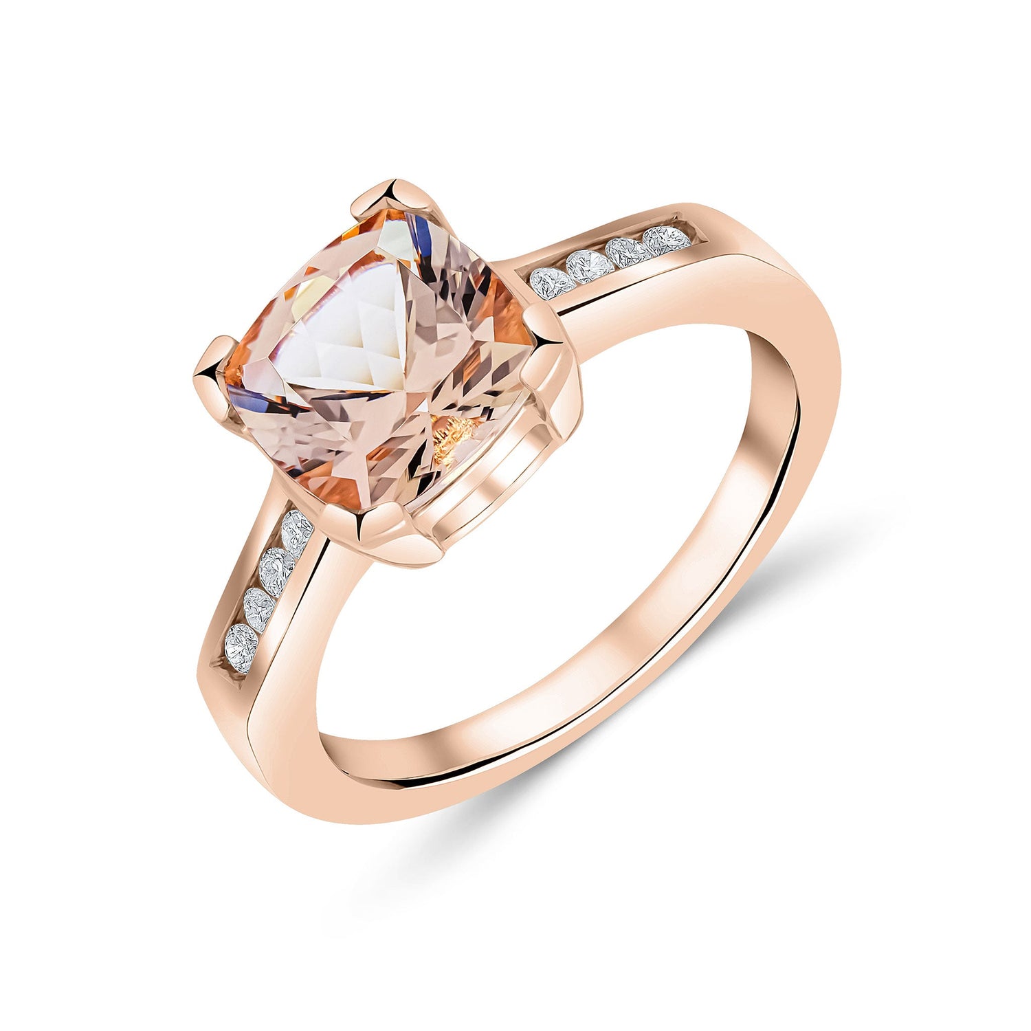 9ct Rose Gold Cushion Natural Morganite Claw Set Ring with Channel Set Diamond Shoulders — 8mm