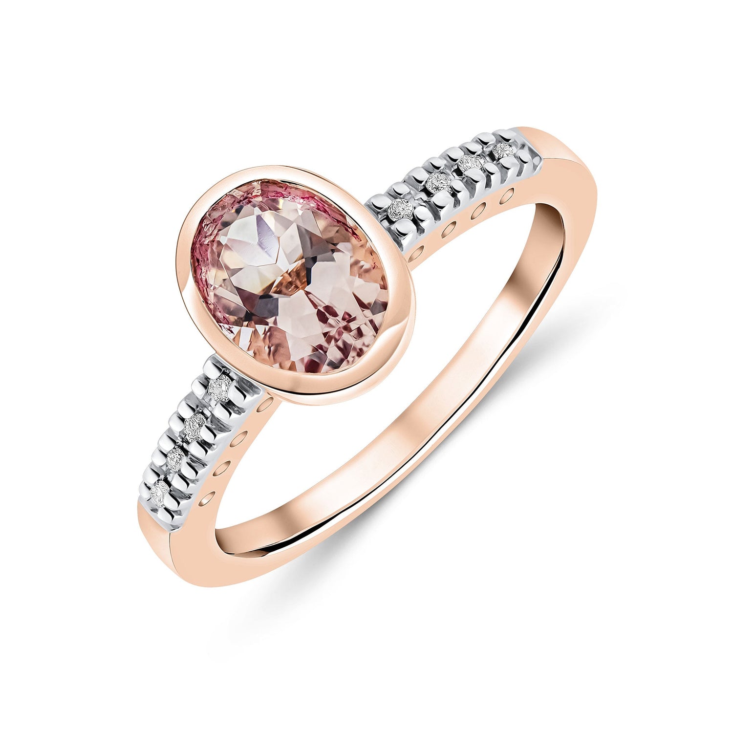 9ct Rose Gold Oval Rubover Natural Morganite Ring with Diamond Shoulders — 8x6mm