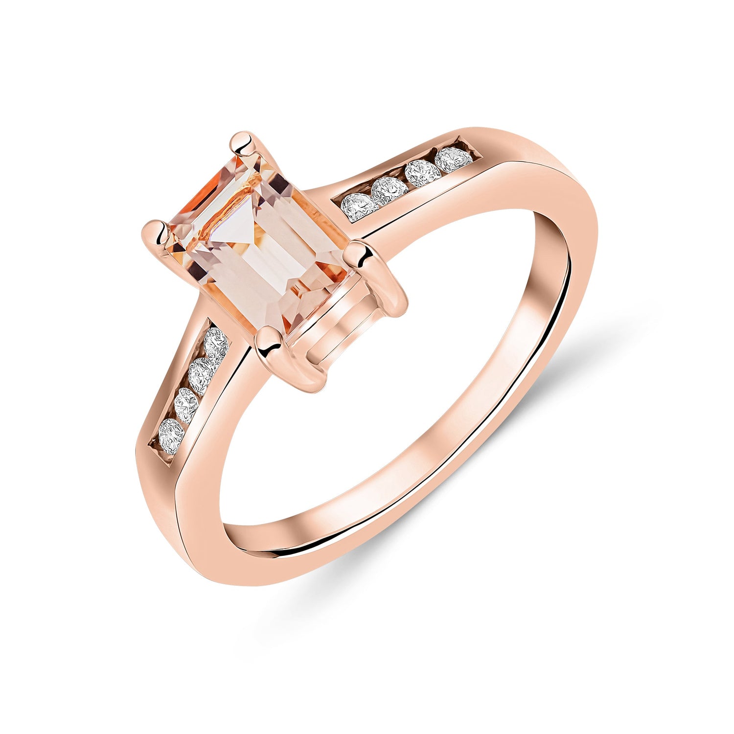 9ct Rose Gold Octagonal Emerald Cut Natural Morganite Claw Set Ring with Channel Set Diamond Shoulders — 7x5mm