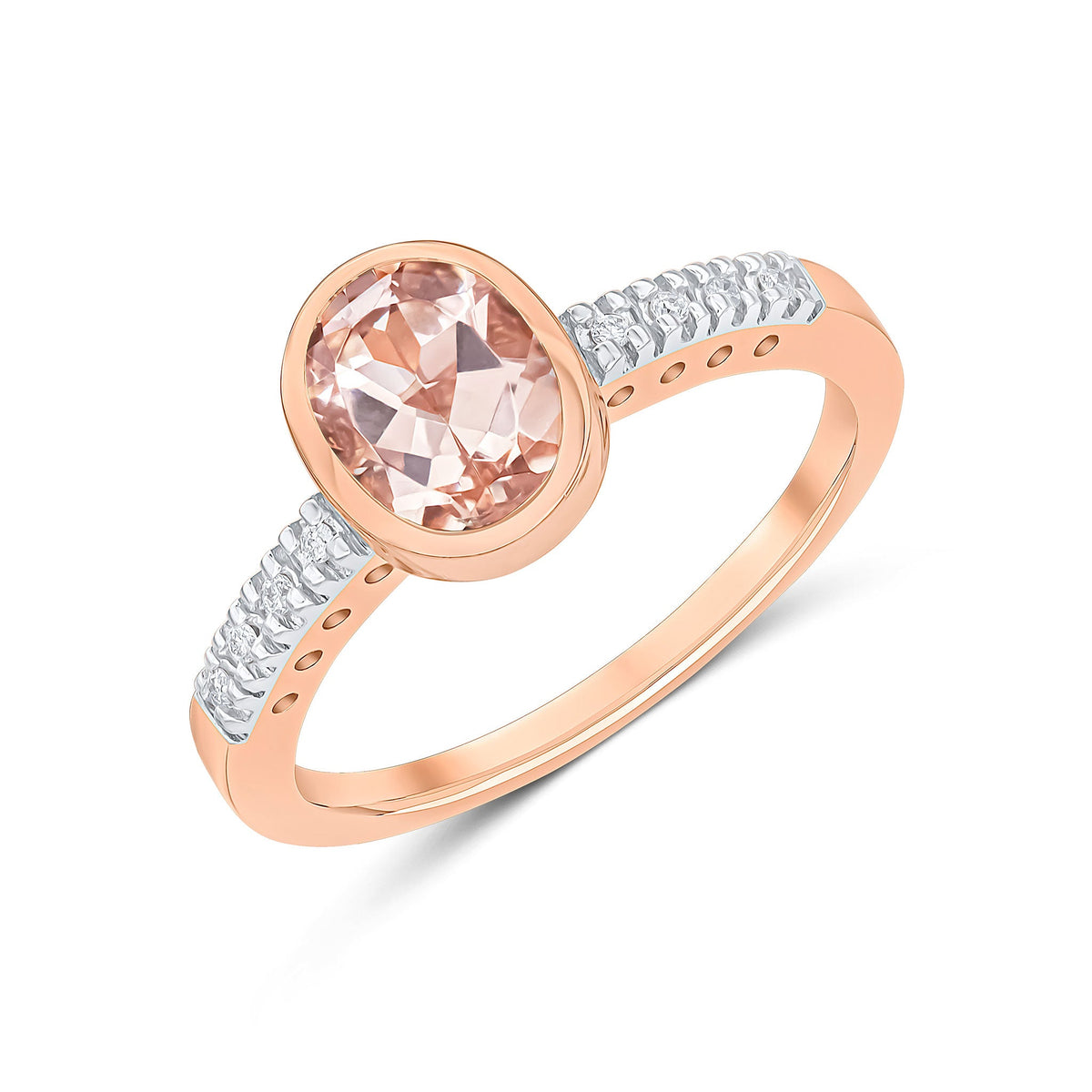 9ct Rose Gold Oval Natural Morganite Rubover Ring with Claw Set Diamond Shoulders — 7x5mm