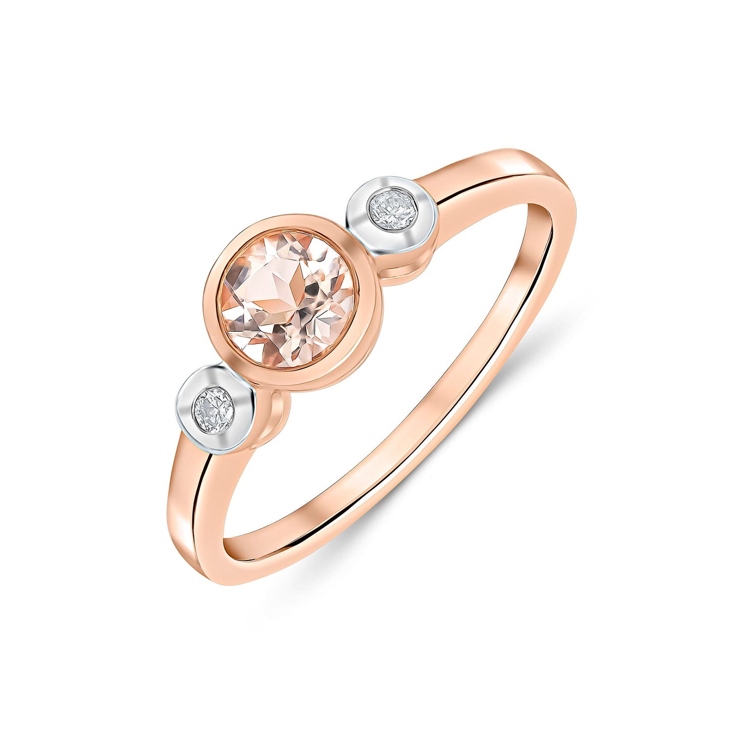 9ct Rose Gold Round Morganite and Diamond Three Stone Rubover Ring — 5mm
