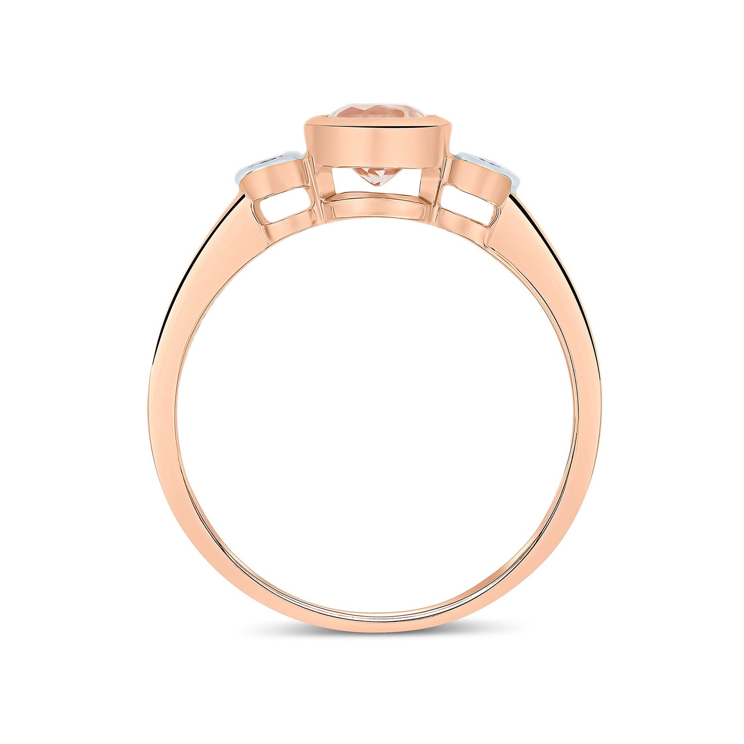 9ct Rose Gold Round Morganite and Diamond Three Stone Rubover Ring — 5mm