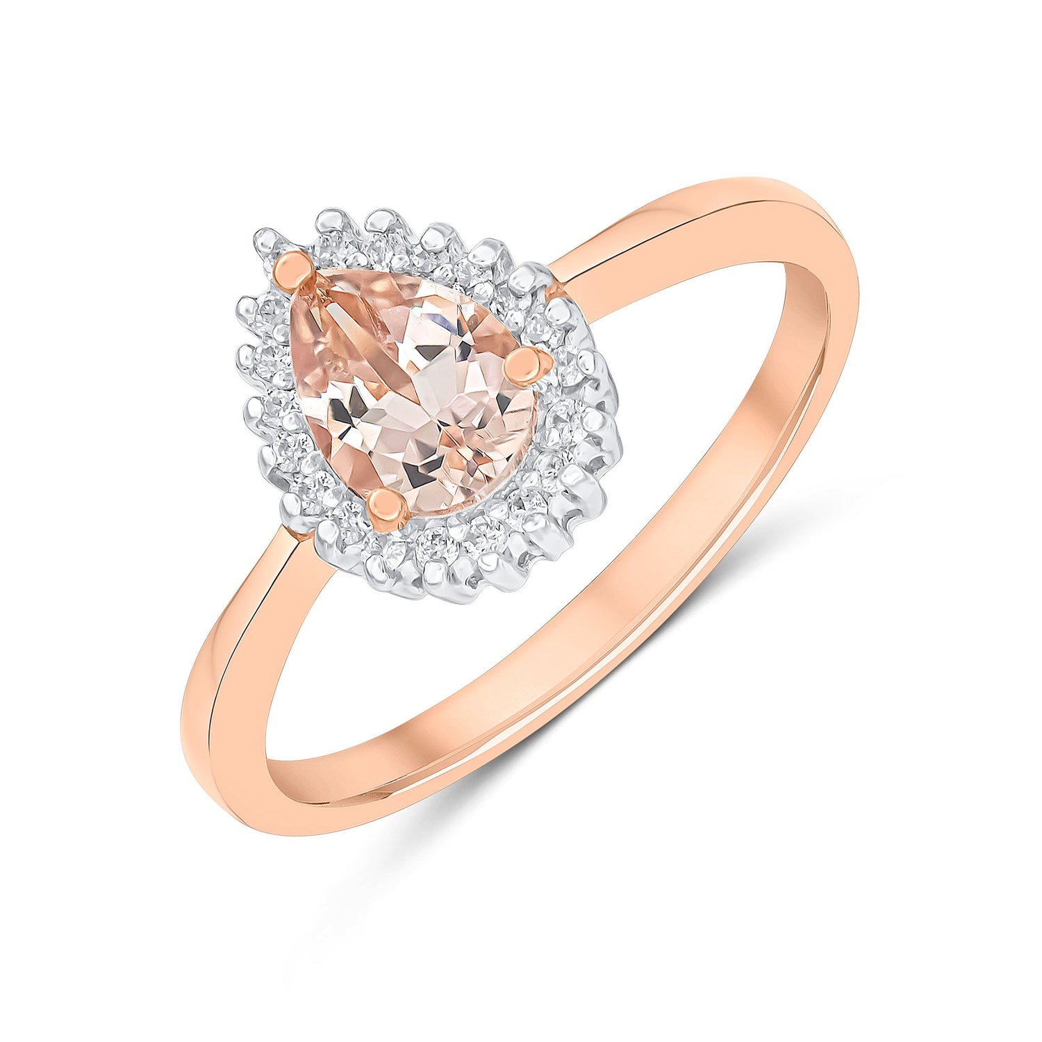 18ct Rose Gold Pear Cut Natural Morganite and Diamond Cluster Ring  — 7x5mm