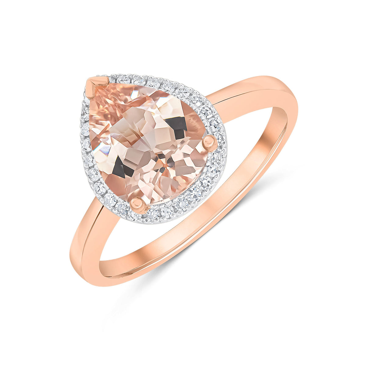 9ct Rose Gold Pear Shaped Natural Morganite and Diamond Cluster Ring — 10x8mm